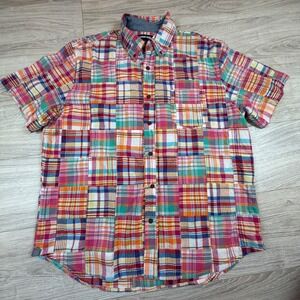 Lands End Mens Short Sleeve Patchwork Madras Plaid Shirt Multicolor Cotton L